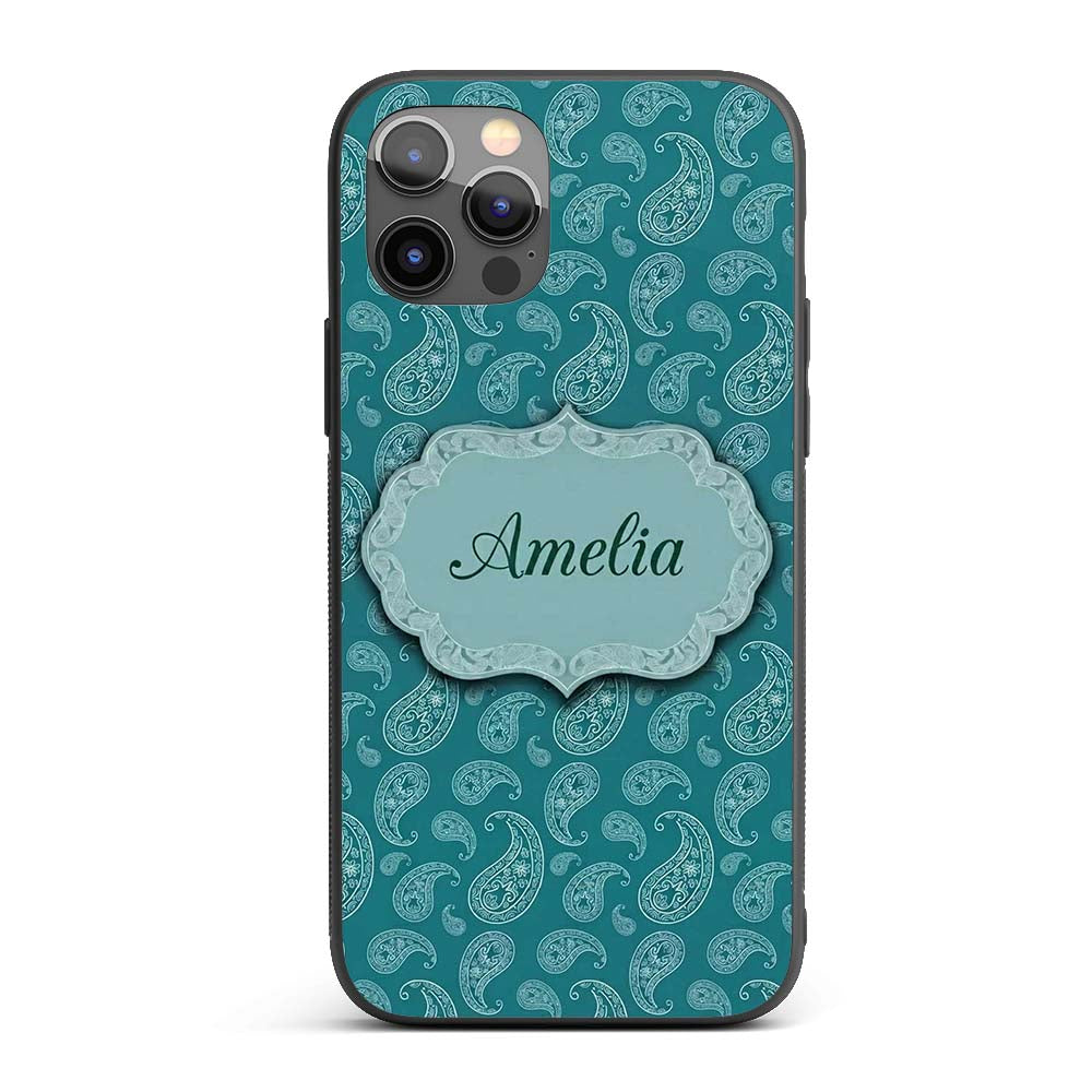Teal Paisley Ornamental Floral Seamless Pattern Custom Name Protective Phone Case Mobile Cover Durable Everyday Smartphone Shock Resistant