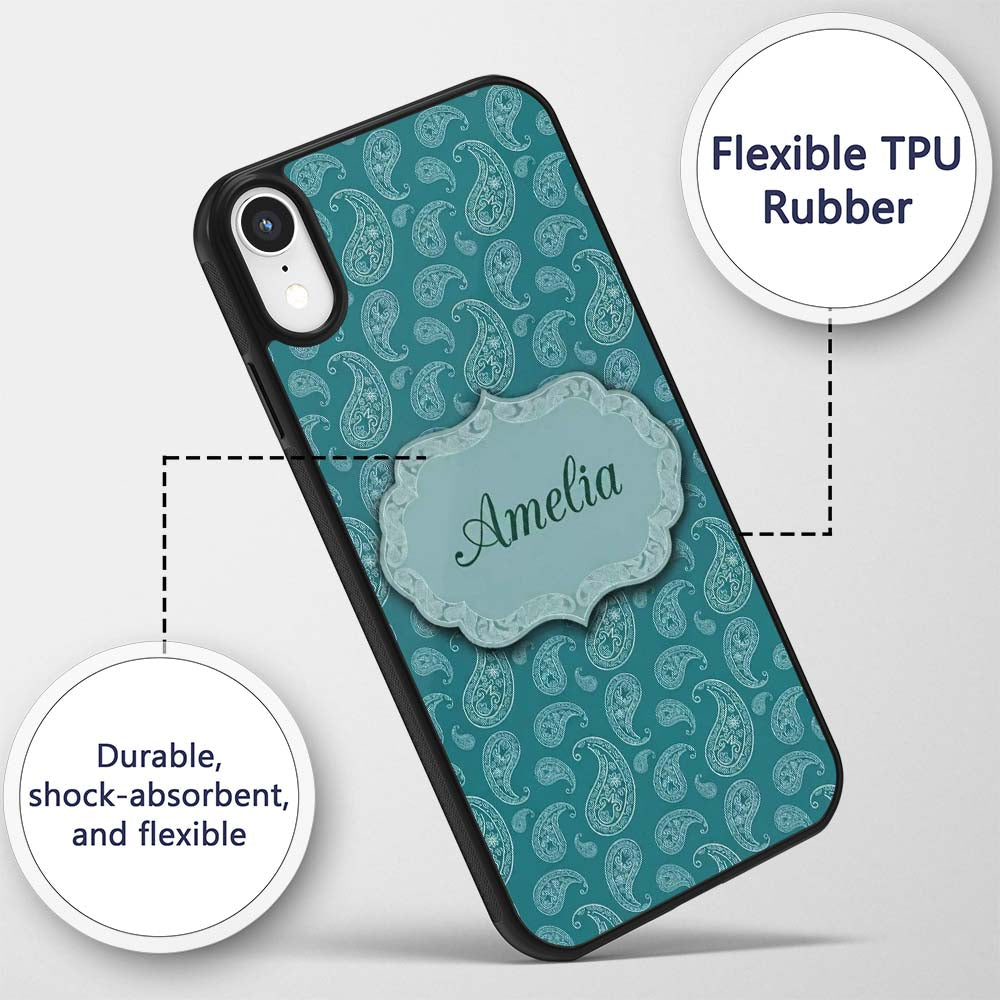 Teal Paisley Ornamental Floral Seamless Pattern Custom Name Protective Phone Case Mobile Cover Durable Everyday Smartphone Shock Resistant