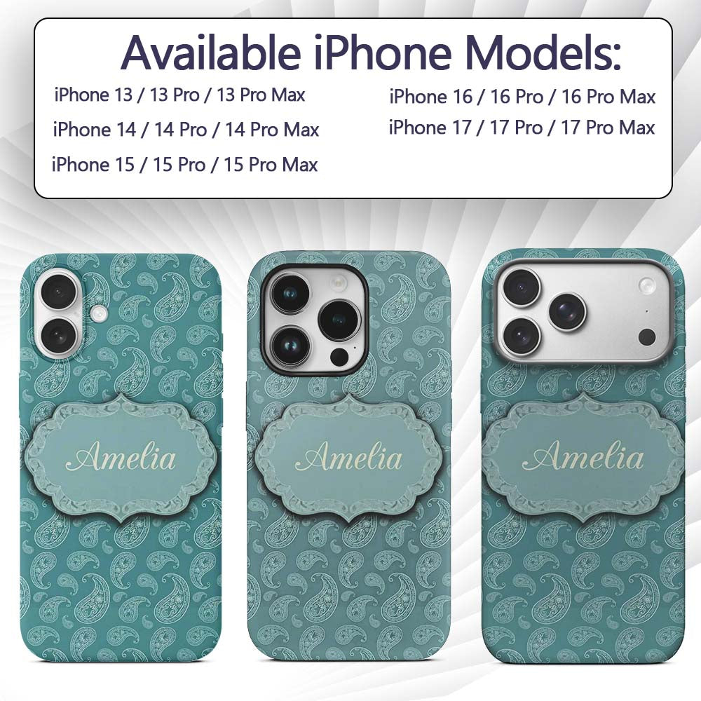 Deep Teal Paisley Vintage Bandana Printed Design Custom Name Protective Phone Case Mobile Cover Durable Everyday Smartphone Shock Resistant