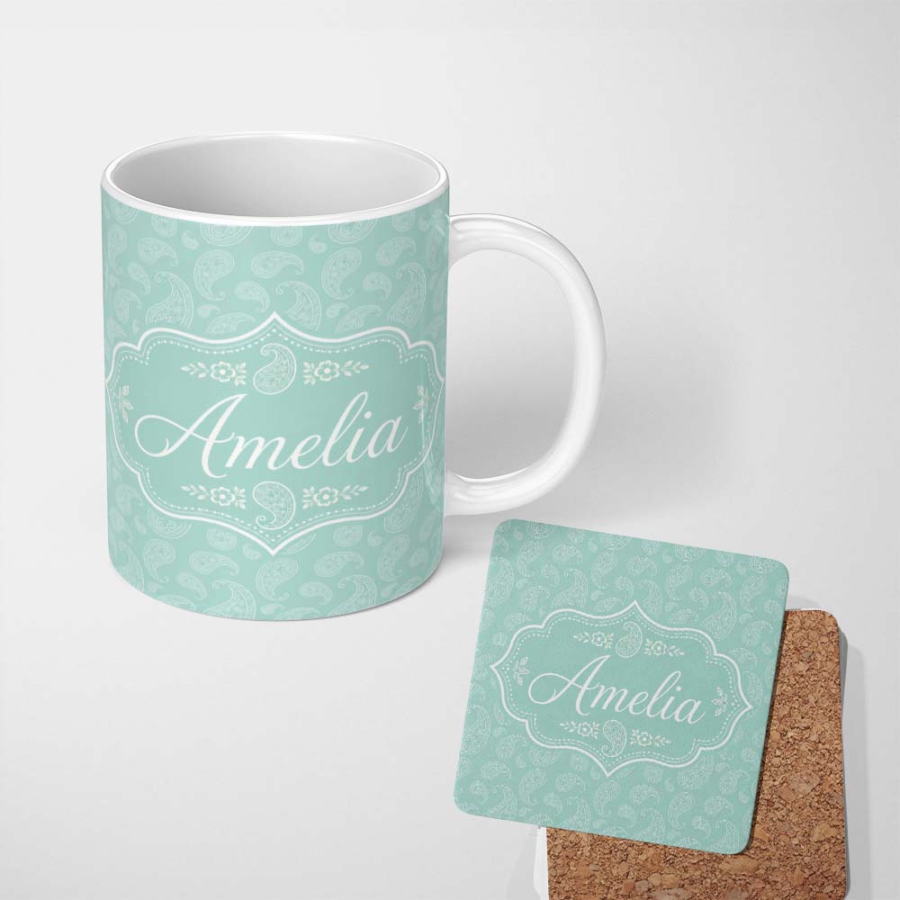 Personalized Custom Name Ocean Teal Paisley Decorative Floral Seamless Pattern Name Cute 11oz Ceramic Coffee Tea Mug White Large Handle