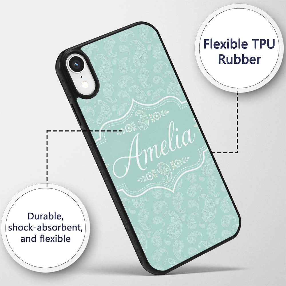 Ocean Teal Paisley Decorative Floral Seamless Custom Name Protective Phone Case Mobile Cover Durable Everyday Smartphone Shock Resistant