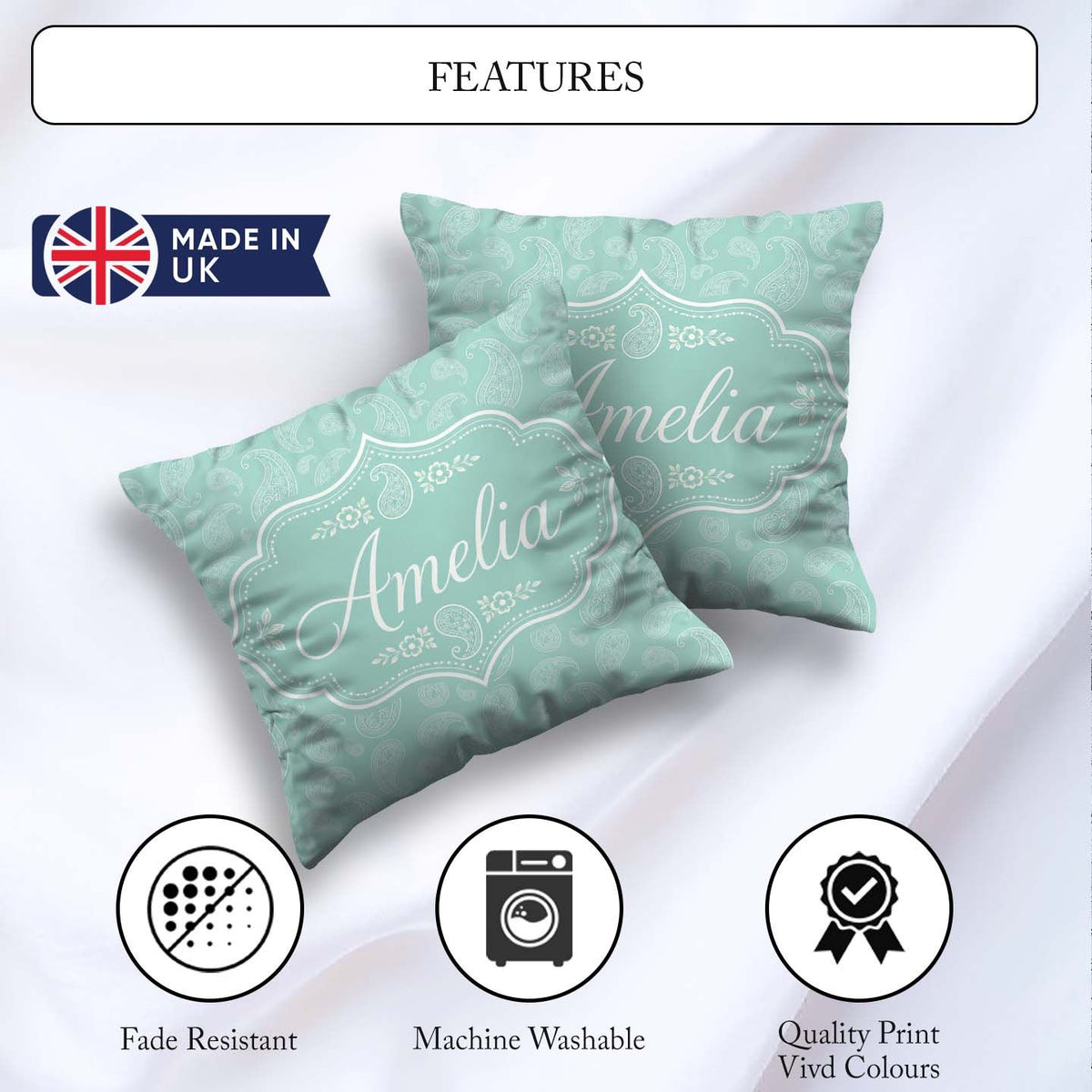 Custom Name Ocean Teal Paisley Floral Seamless Pattern Name Cute Square Filled Cushion Throw Pillow Sofa Bed Home Decor Zip Washable UK Made