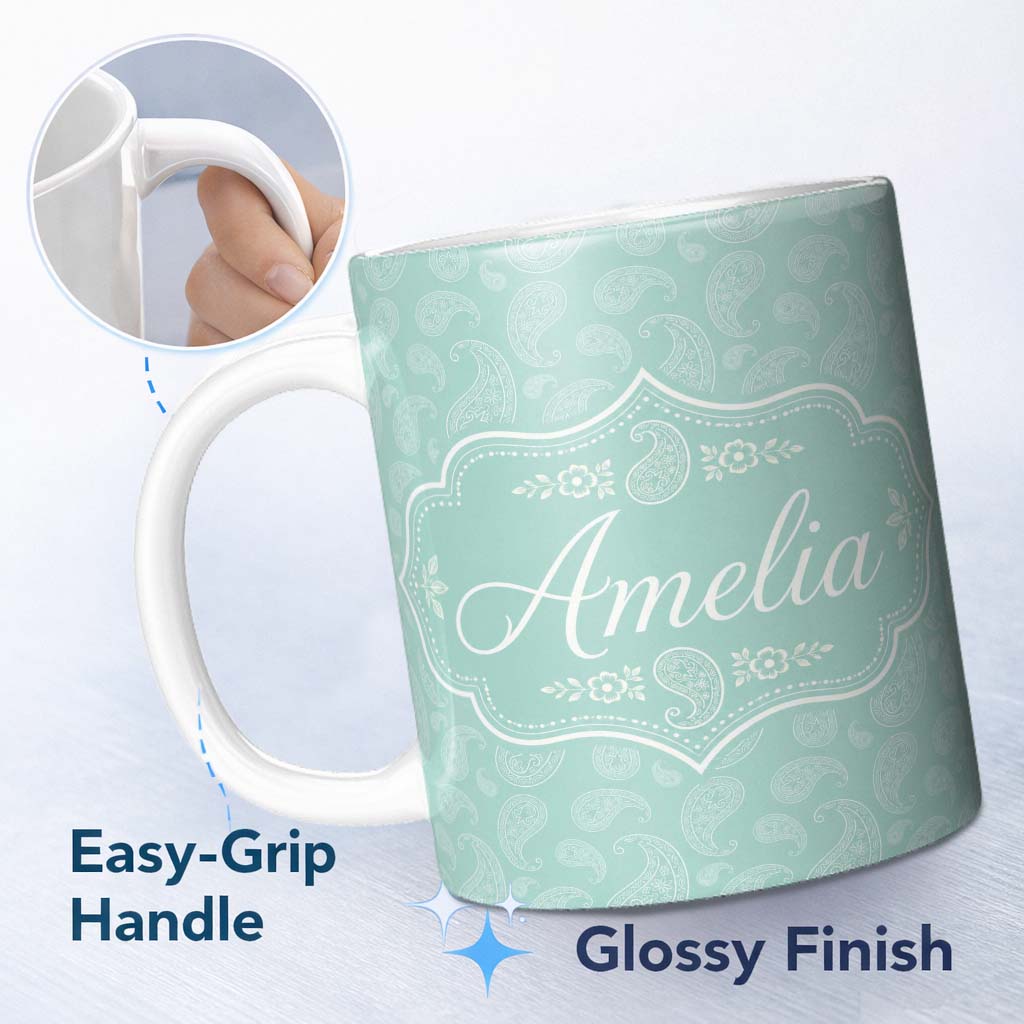 Personalized Custom Name Ocean Teal Paisley Decorative Floral Seamless Pattern Name Cute 11oz Ceramic Coffee Tea Mug White Large Handle