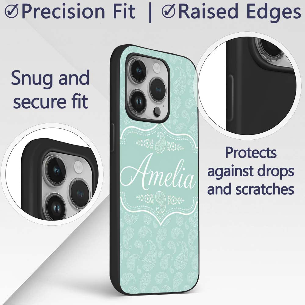 Ocean Teal Paisley Decorative Floral Seamless Custom Name Protective Phone Case Mobile Cover Durable Everyday Smartphone Shock Resistant