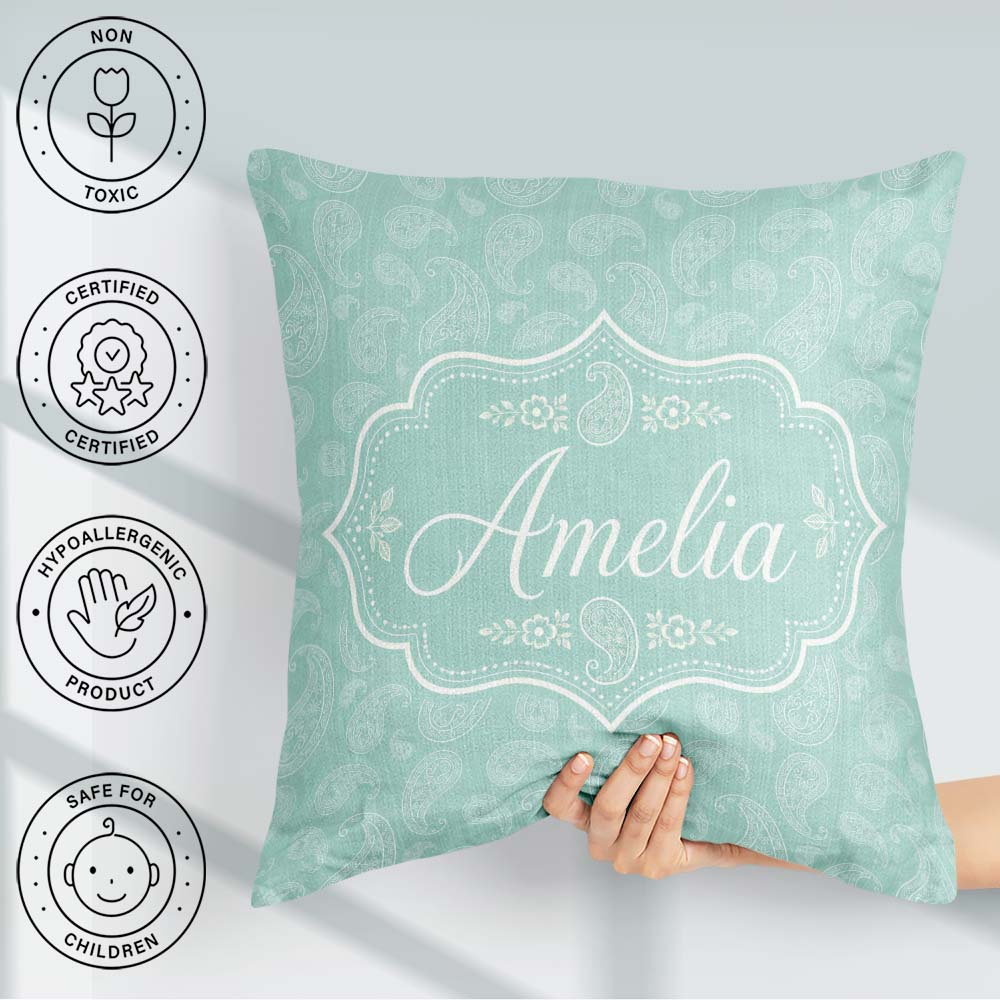 Custom Name Ocean Teal Paisley Floral Seamless Pattern Name Cute Square Filled Cushion Throw Pillow Sofa Bed Home Decor Zip Washable UK Made