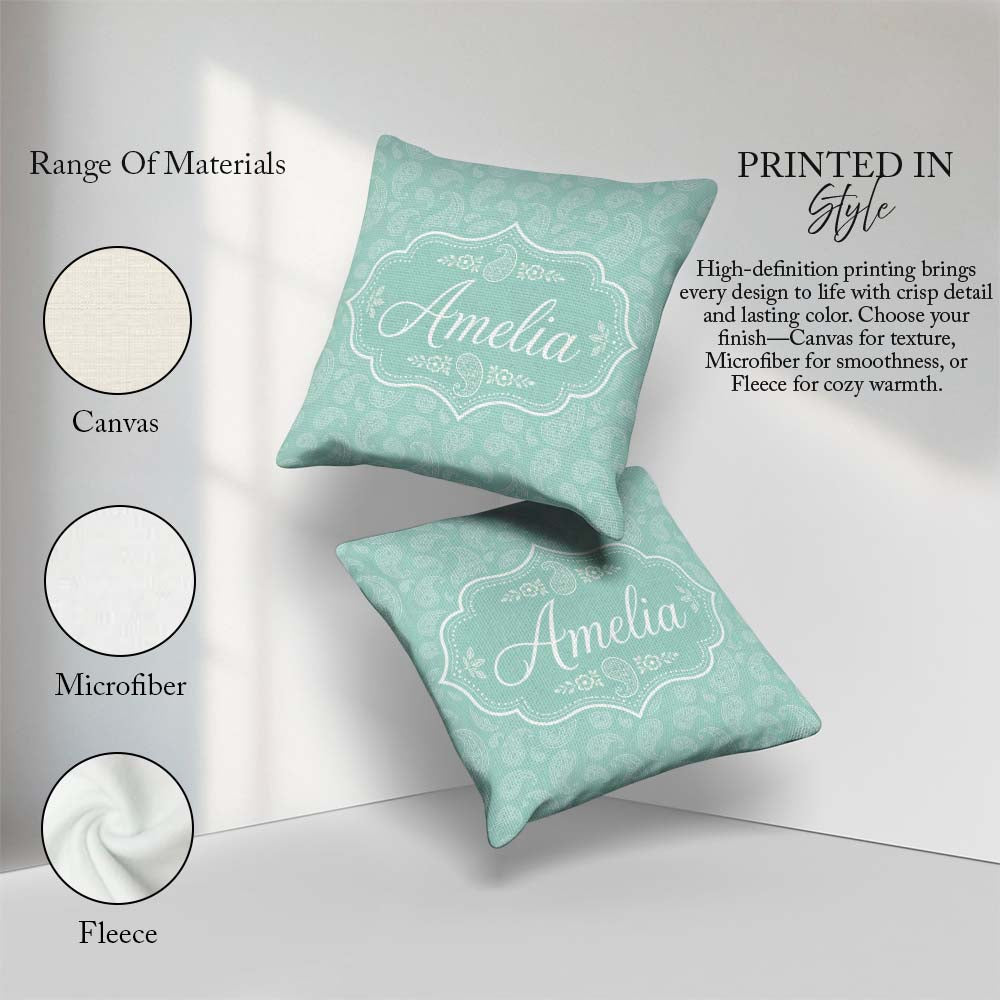 Custom Name Ocean Teal Paisley Floral Seamless Pattern Name Cute Square Filled Cushion Throw Pillow Sofa Bed Home Decor Zip Washable UK Made