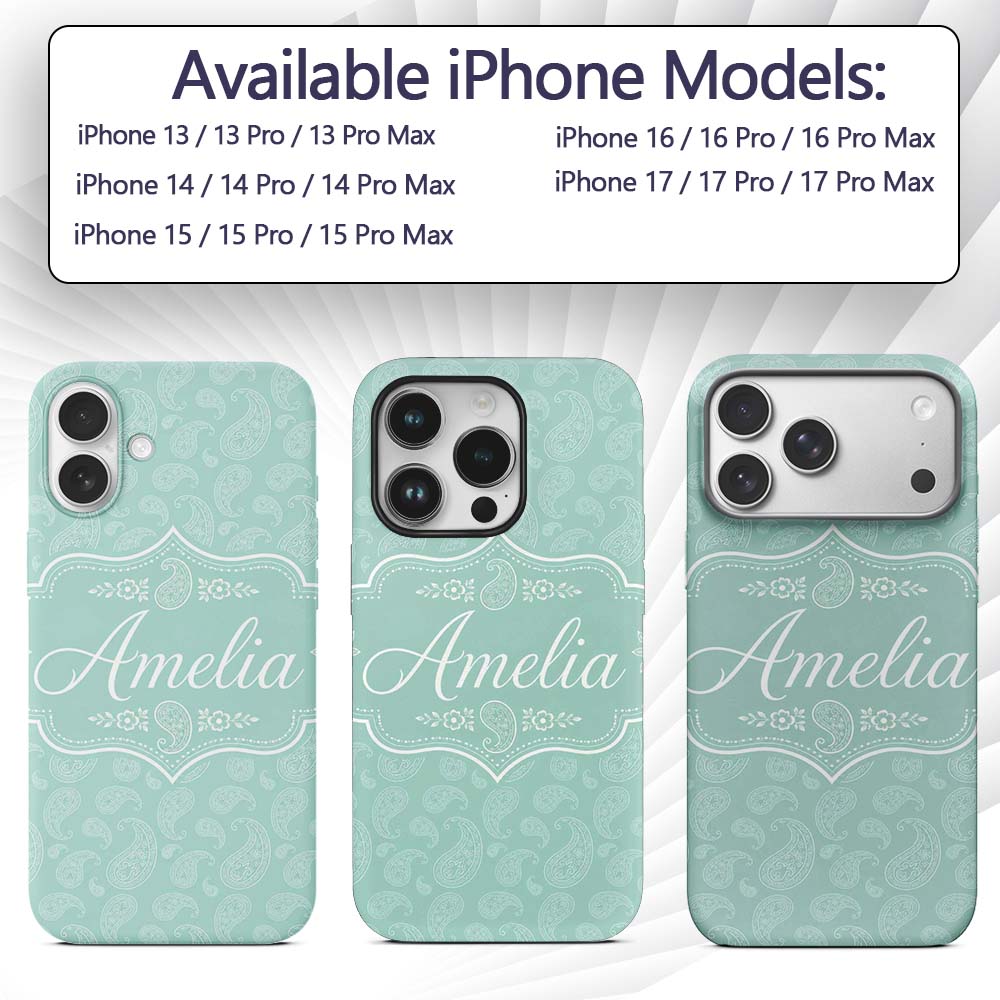 Ocean Teal Paisley Decorative Floral Seamless Custom Name Protective Phone Case Mobile Cover Durable Everyday Smartphone Shock Resistant