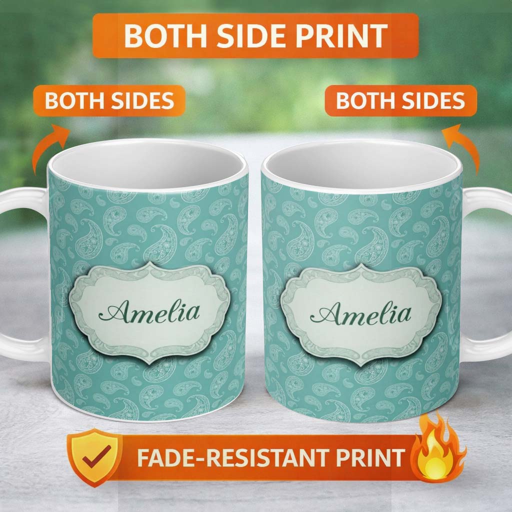 Personalized Custom Name Rich Teal Paisley Classic Ornamental Seamless Pattern Name Cute 11oz Ceramic Coffee Tea Mug White Large Handle