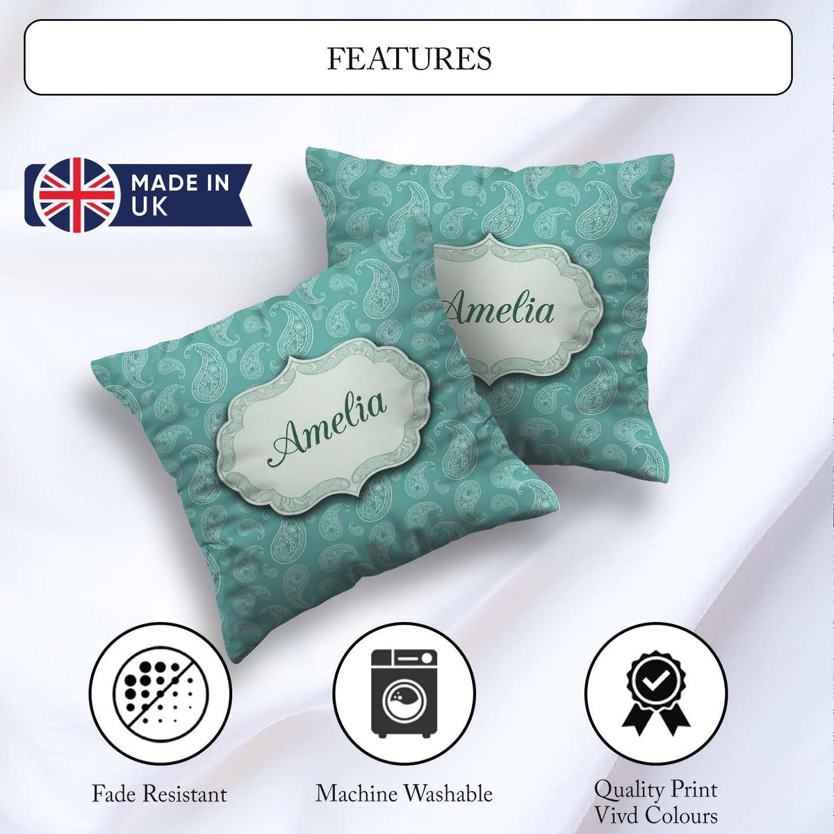 Custom Name Rich Teal Paisley Classic Seamless Pattern Name Cute Square Filled Cushion Throw Pillow Sofa Bed Home Decor Zip Washable UK Made