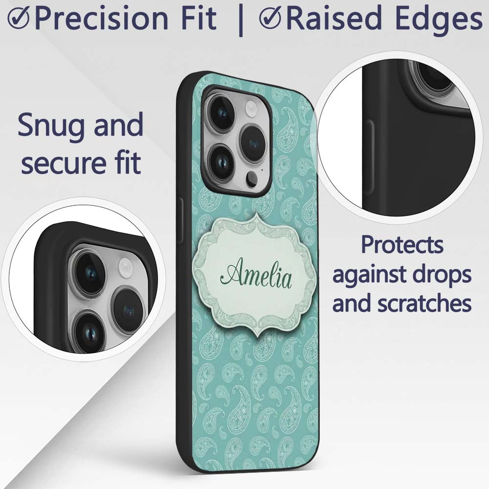 Rich Teal Paisley Classic Ornamental Seamless Custom Name Protective Phone Case Mobile Cover Durable Everyday Smartphone Shock Resistant
