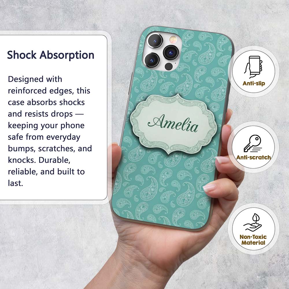 Rich Teal Paisley Classic Ornamental Seamless Custom Name Protective Phone Case Mobile Cover Durable Everyday Smartphone Shock Resistant