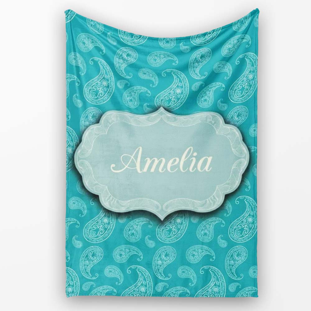 Muted Teal Paisley Vintage Floral Seamless Pattern Design Custom Personalised Custom Name Super Soft Fleece Blanket Bed Sofa Throw