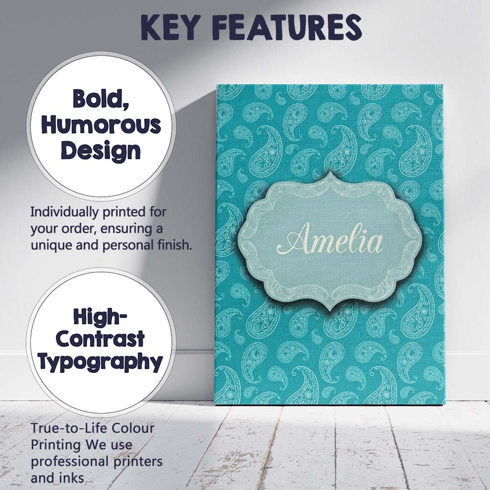 Personalised Name Muted Teal Paisley Custom Premium Decorative Design Modern Room Accent Canvas Wall Art Print Decor Picture Ready to Hang