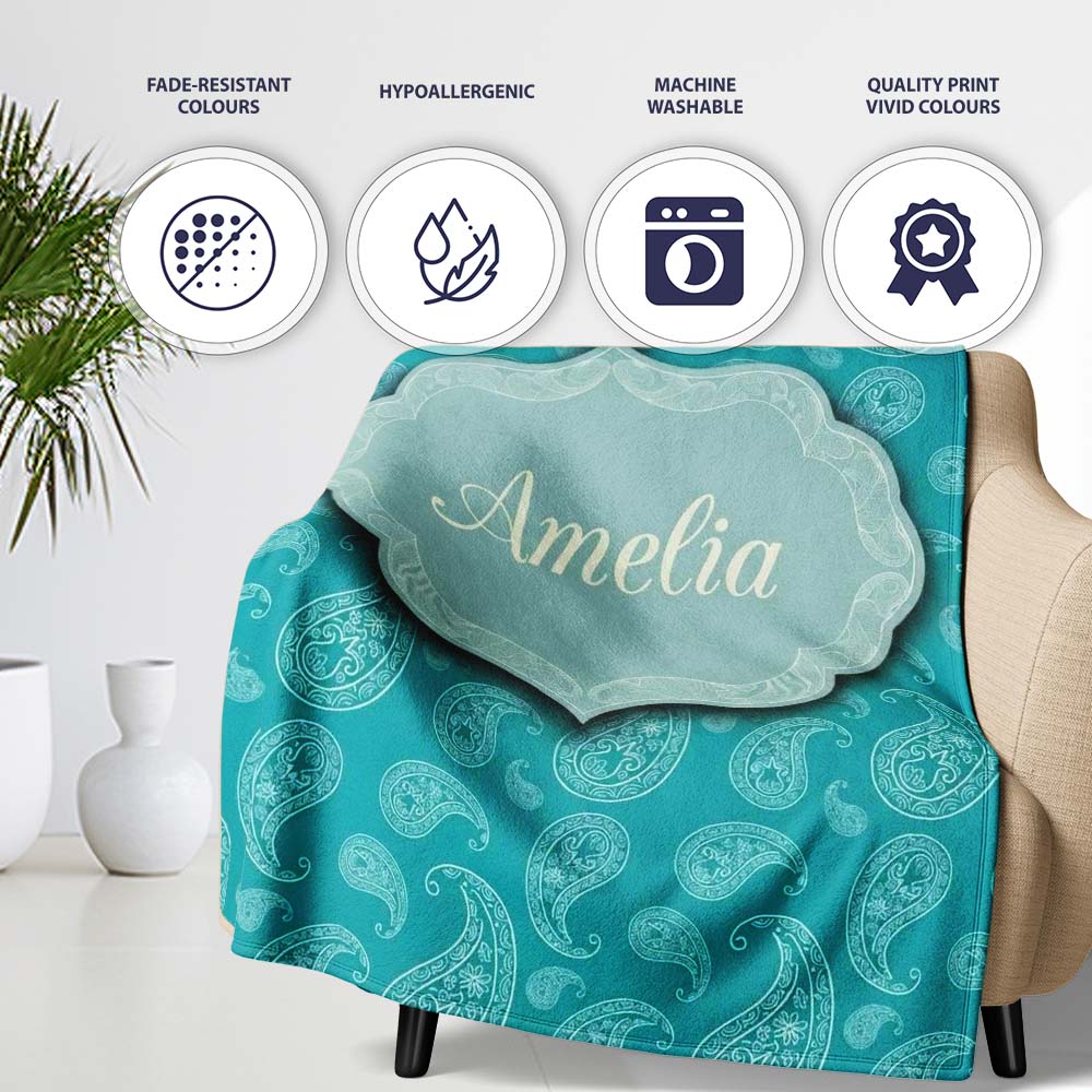Muted Teal Paisley Vintage Floral Seamless Pattern Design Custom Personalised Custom Name Super Soft Fleece Blanket Bed Sofa Throw