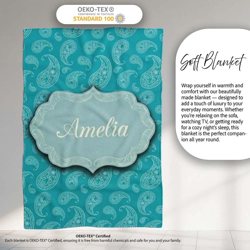 Muted Teal Paisley Vintage Floral Seamless Pattern Design Custom Personalised Custom Name Super Soft Fleece Blanket Bed Sofa Throw