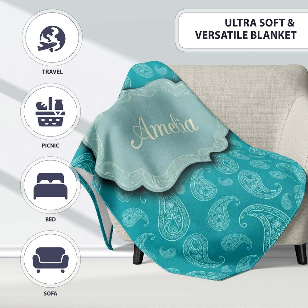 Muted Teal Paisley Vintage Floral Seamless Pattern Design Custom Personalised Custom Name Super Soft Fleece Blanket Bed Sofa Throw