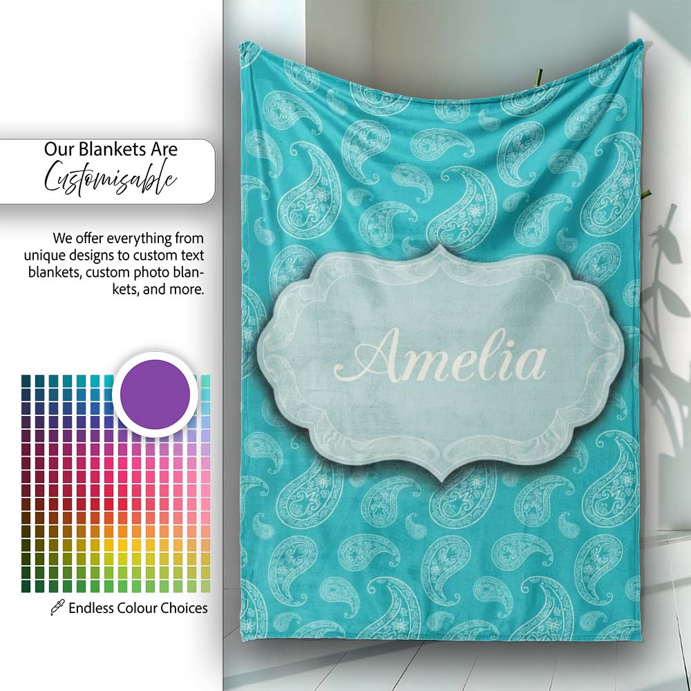 Muted Teal Paisley Vintage Floral Seamless Pattern Design Custom Personalised Custom Name Super Soft Fleece Blanket Bed Sofa Throw