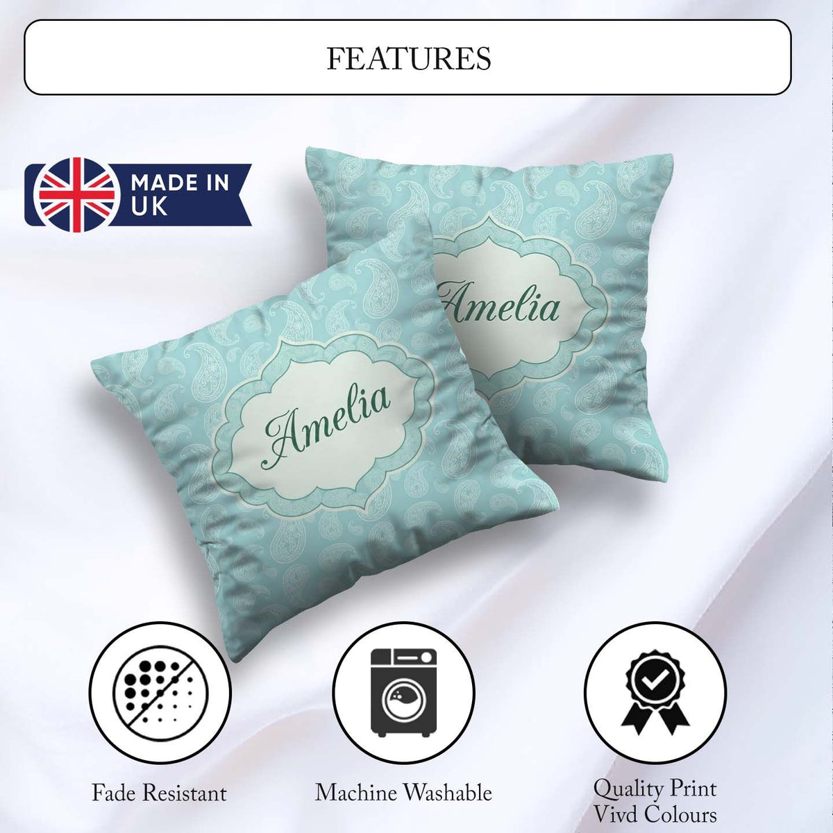 Custom Name Soft Aqua Paisley Decorative Bandana Seamless Design Square Filled Cushion Throw Pillow Sofa Bed Home Decor Zip Washable UK Made