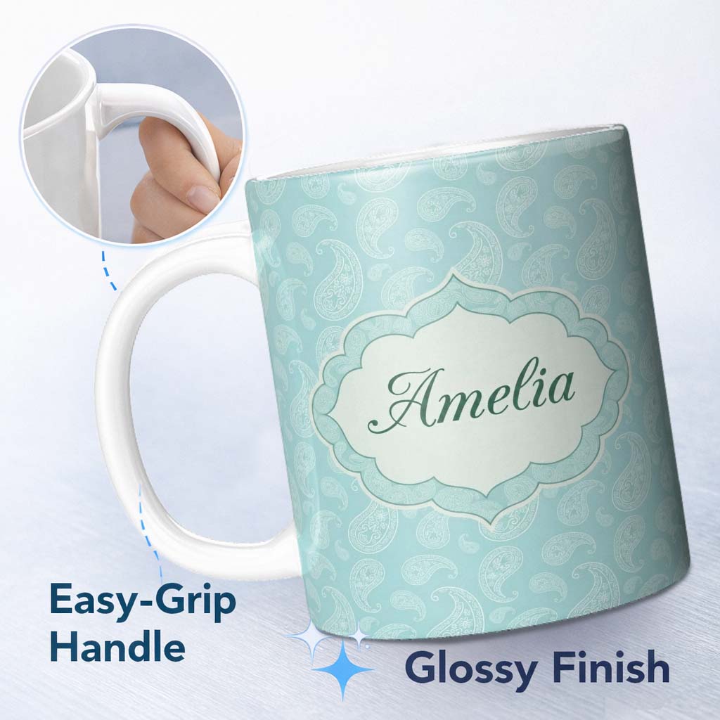Personalized Custom Name Soft Aqua Paisley Decorative Bandana Seamless Pattern Design Name 11oz Ceramic Coffee Tea Mug White Large Handle