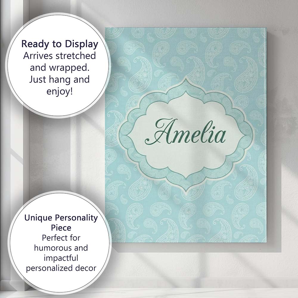 Personalised Name Soft Aqua Paisley Decorative Bandana Seamless Creative Decorator Style Canvas Wall Art Print Decor Picture Ready to Hang