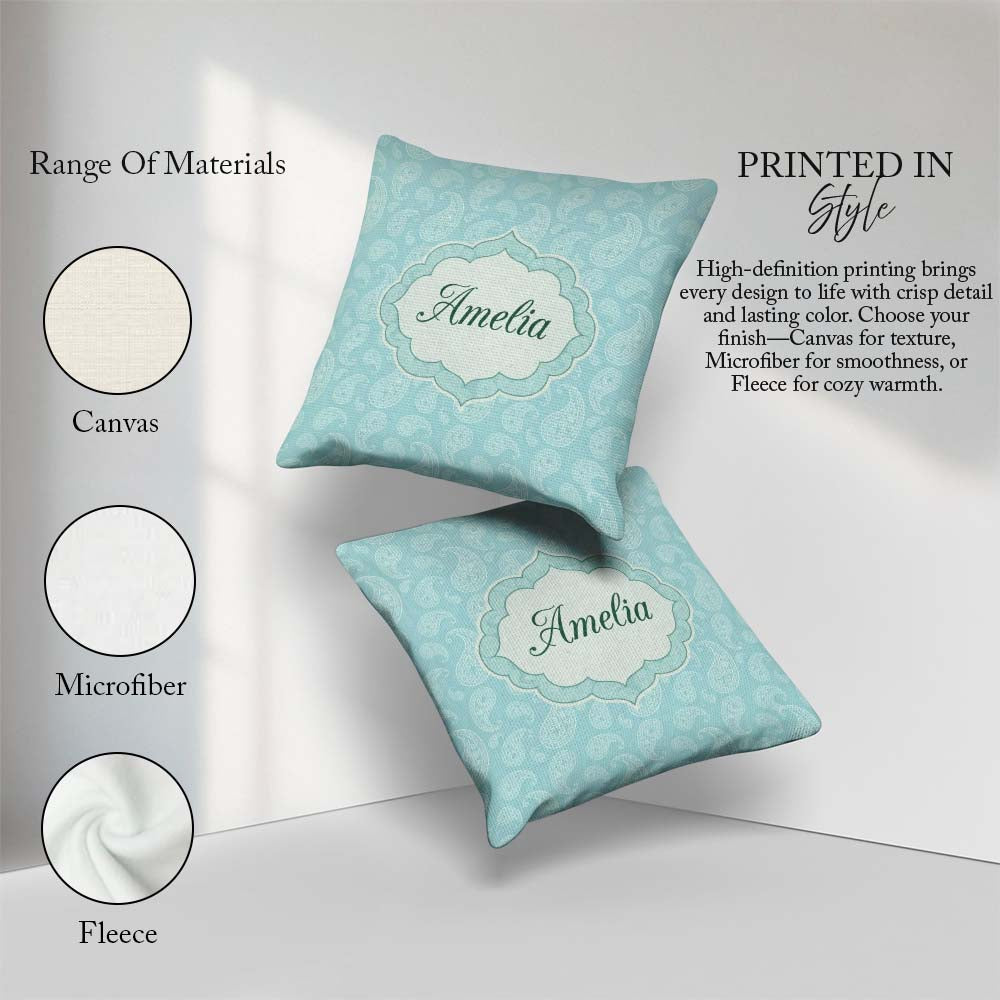 Custom Name Soft Aqua Paisley Decorative Bandana Seamless Design Square Filled Cushion Throw Pillow Sofa Bed Home Decor Zip Washable UK Made