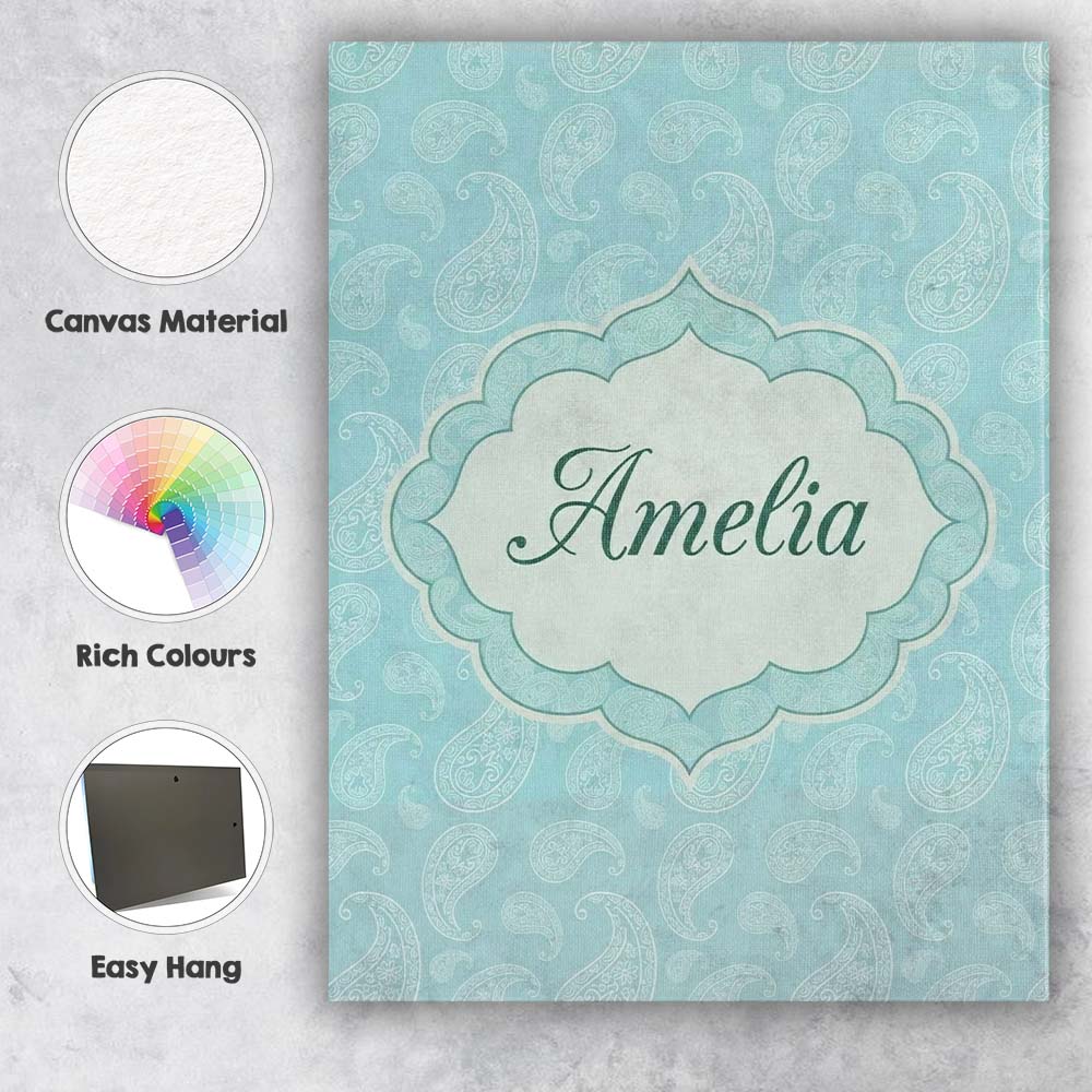 Personalised Name Soft Aqua Paisley Decorative Bandana Seamless Creative Decorator Style Canvas Wall Art Print Decor Picture Ready to Hang