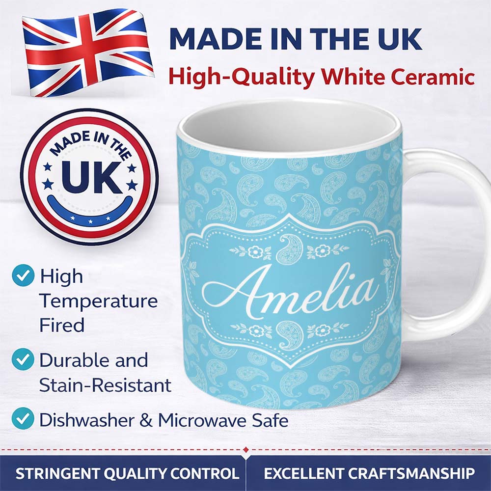 Personalized Custom Name Sky Blue Paisley Ornamental Floral Seamless Pattern Name Cute 11oz Ceramic Coffee Tea Mug White Large Handle