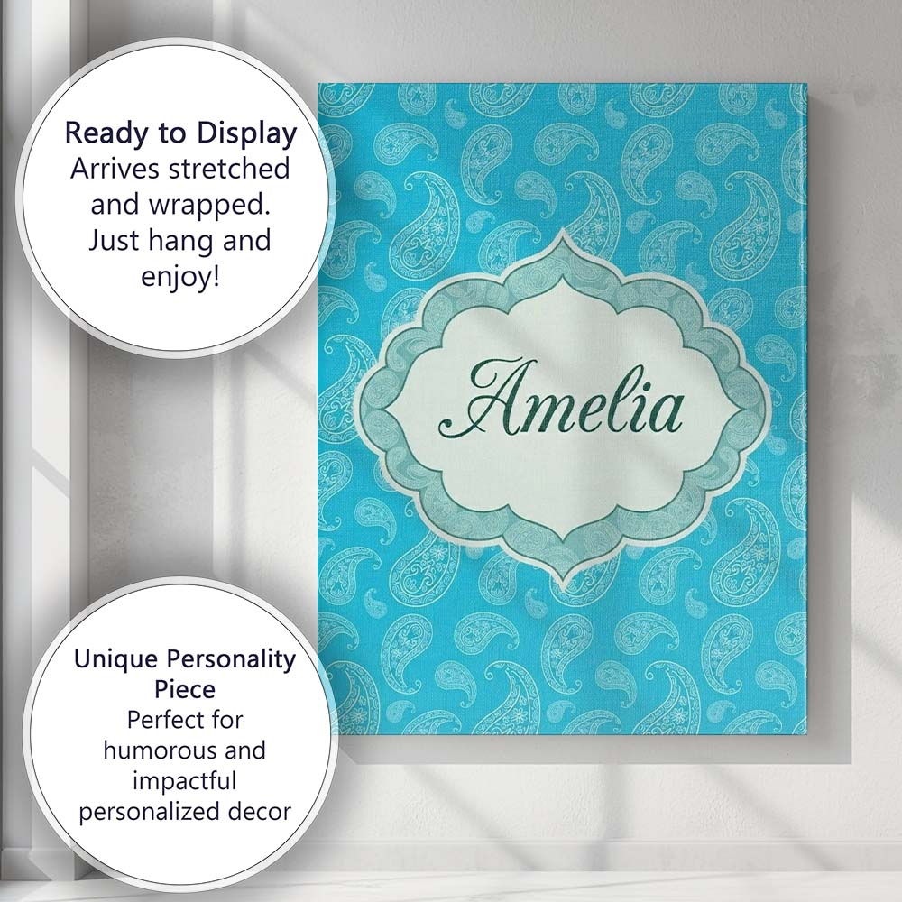 Personalised Name Bright Cyan Paisley Custom Modern Room Accent Creative Decorator Style Canvas Wall Art Print Decor Picture Ready to Hang