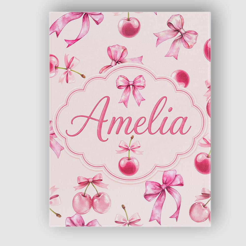 Personalised Name Watercolor Pink Cherry Ribbon Bow Seamless Pattern Custom Home Canvas Wall Art Print Decor Picture Ready to Hang
