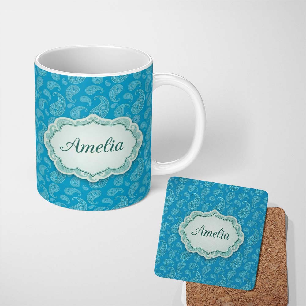 Personalized Custom Name Bright Blue Paisley Bandana Style Seamless Pattern Ornamental Name 11oz Ceramic Coffee Tea Mug White Large Handle