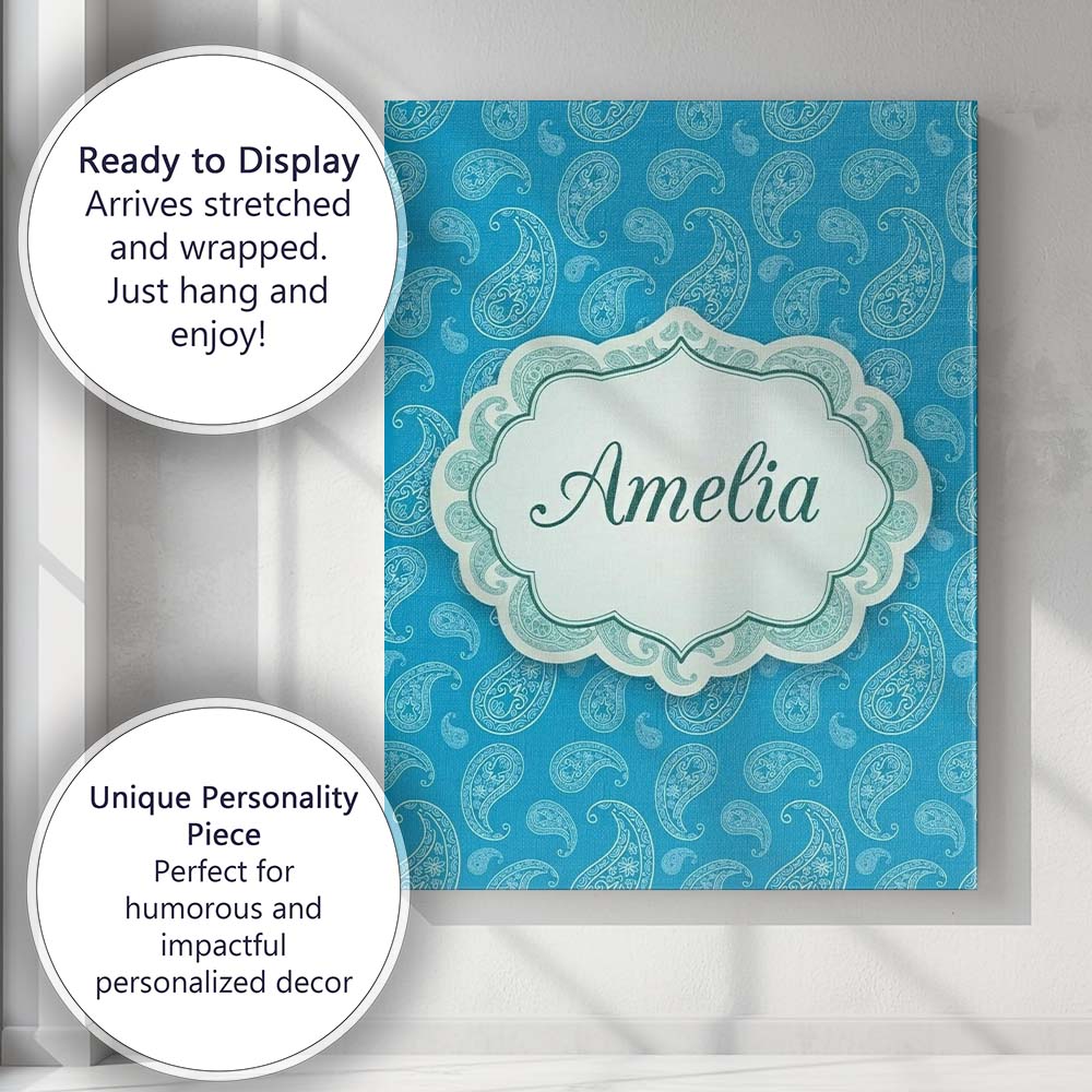 Personalised Name Bright Blue Paisley Custom Modern Room Accent Creative Decorator Style Canvas Wall Art Print Decor Picture Ready to Hang