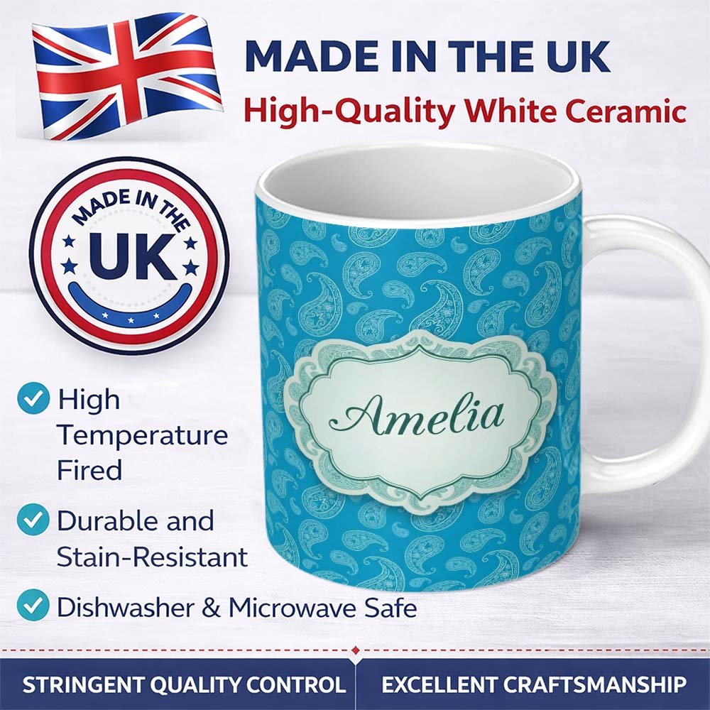 Personalized Custom Name Bright Blue Paisley Bandana Style Seamless Pattern Ornamental Name 11oz Ceramic Coffee Tea Mug White Large Handle