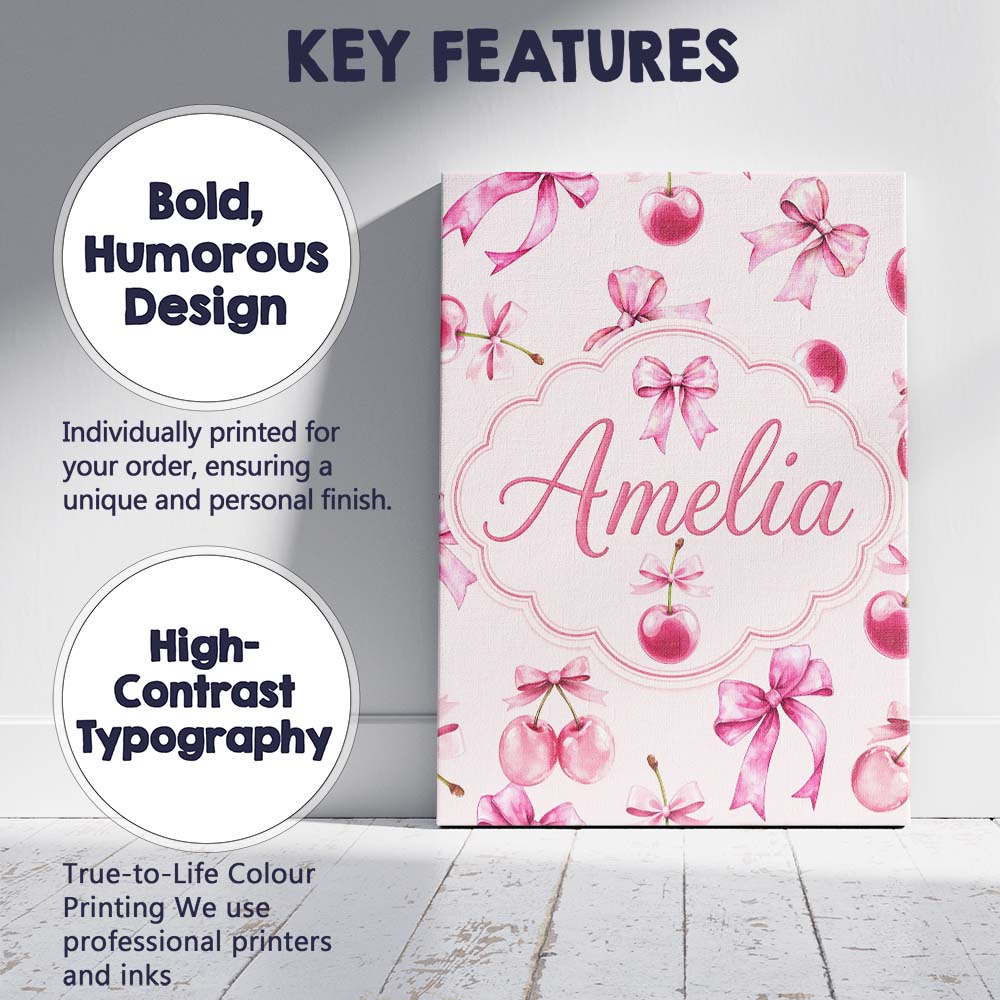 Personalised Name Watercolor Pink Cherry Ribbon Bow Seamless Pattern Custom Home Canvas Wall Art Print Decor Picture Ready to Hang