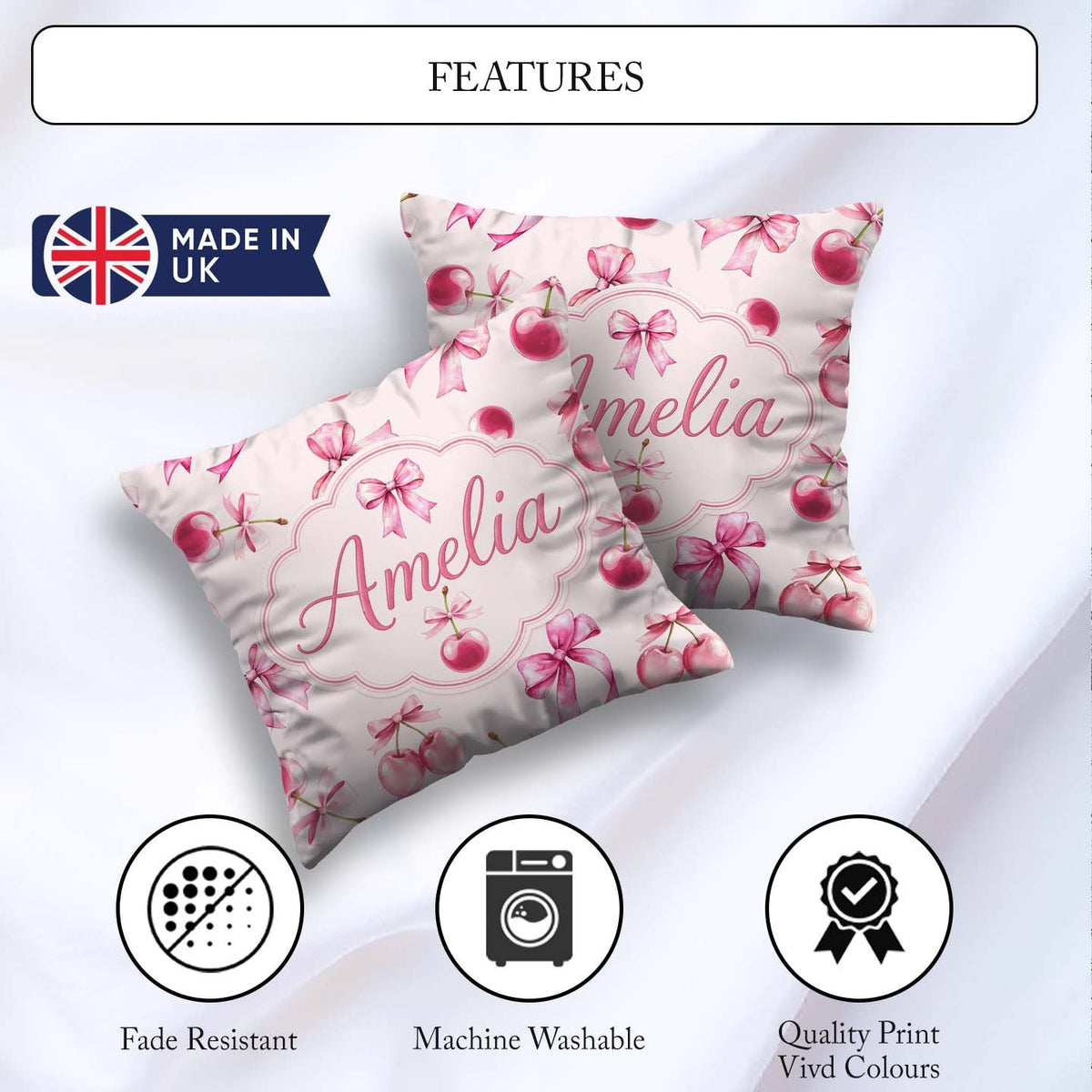 Custom Name Watercolor Pink Cherry Ribbon Seamless Pattern Blush Square Filled Cushion Throw Pillow Sofa Bed Home Decor Zip Washable UK Made