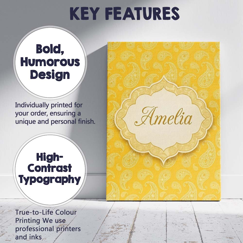 Personalised Name Yellow Paisley Bandana Custom Unique Gift Idea Elegant Feature Canvas Wall Art Print Decor Picture Ready to Hang