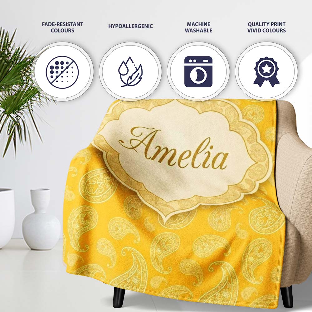 Yellow Paisley Bandana Style Seamless Pattern Ornamental Name Cute Personalised Custom Name Super Soft Fleece Blanket Bed Sofa Throw