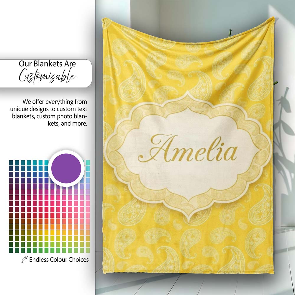 Yellow Paisley Bandana Style Seamless Pattern Ornamental Name Cute Personalised Custom Name Super Soft Fleece Blanket Bed Sofa Throw