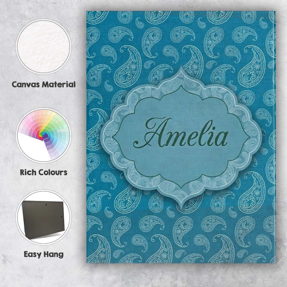 Personalised Name Deep Teal Paisley Floral Custom Unique Gift Idea Elegant Feature Canvas Wall Art Print Decor Picture Ready to Hang