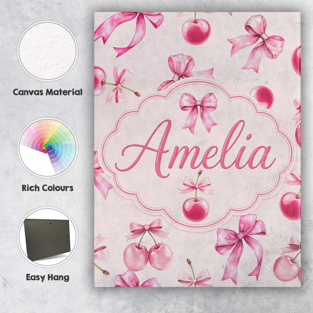 Personalised Name Watercolor Pink Cherry Ribbon Bow Seamless Pattern Custom Home Canvas Wall Art Print Decor Picture Ready to Hang