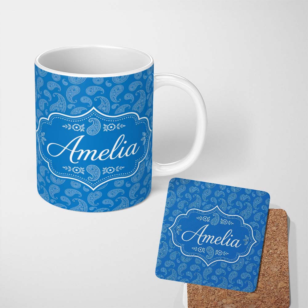 Personalized Custom Name Rich Blue Paisley Vintage Bandana Seamless Pattern Design Custom 11oz Ceramic Coffee Tea Mug White Large Handle