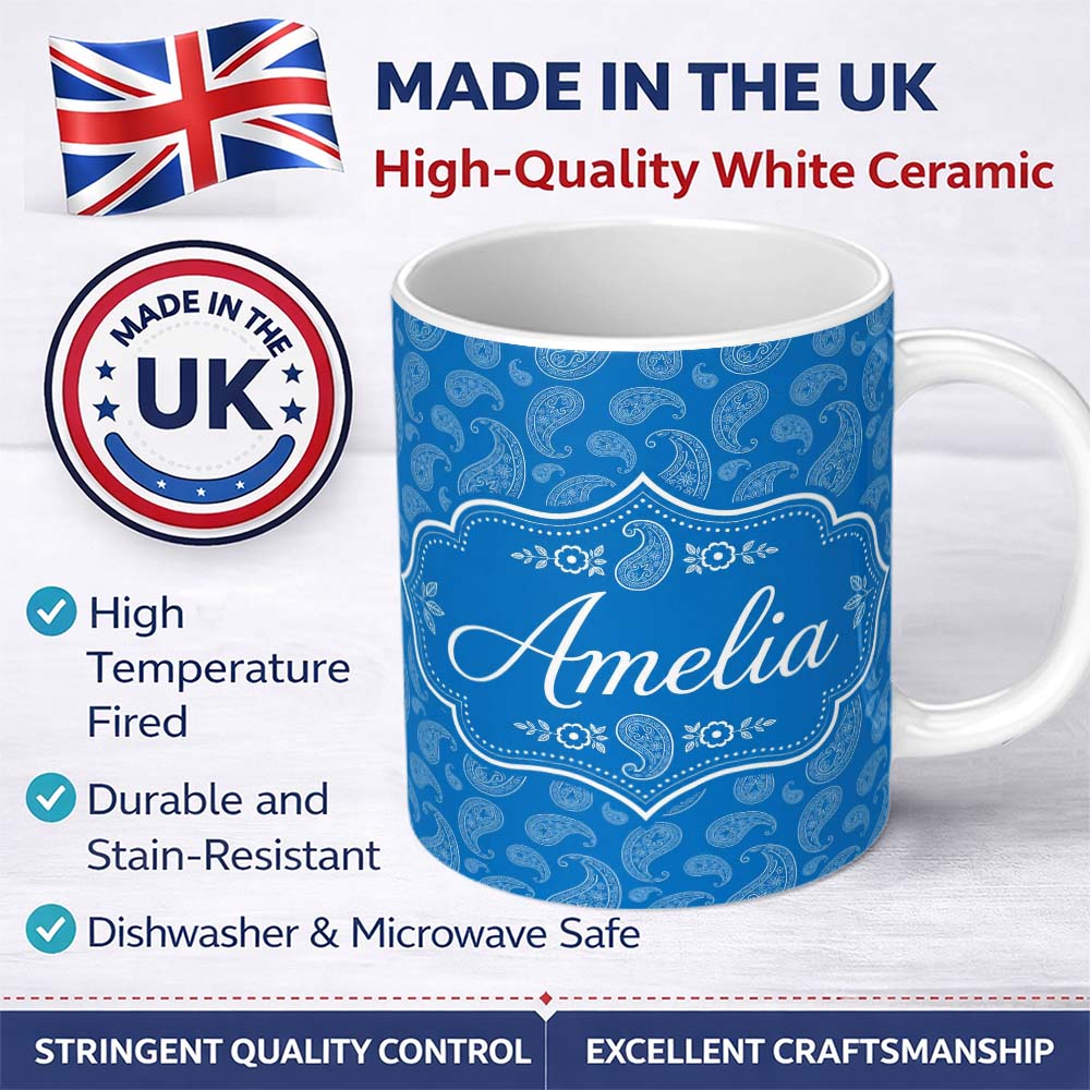 Personalized Custom Name Rich Blue Paisley Vintage Bandana Seamless Pattern Design Custom 11oz Ceramic Coffee Tea Mug White Large Handle