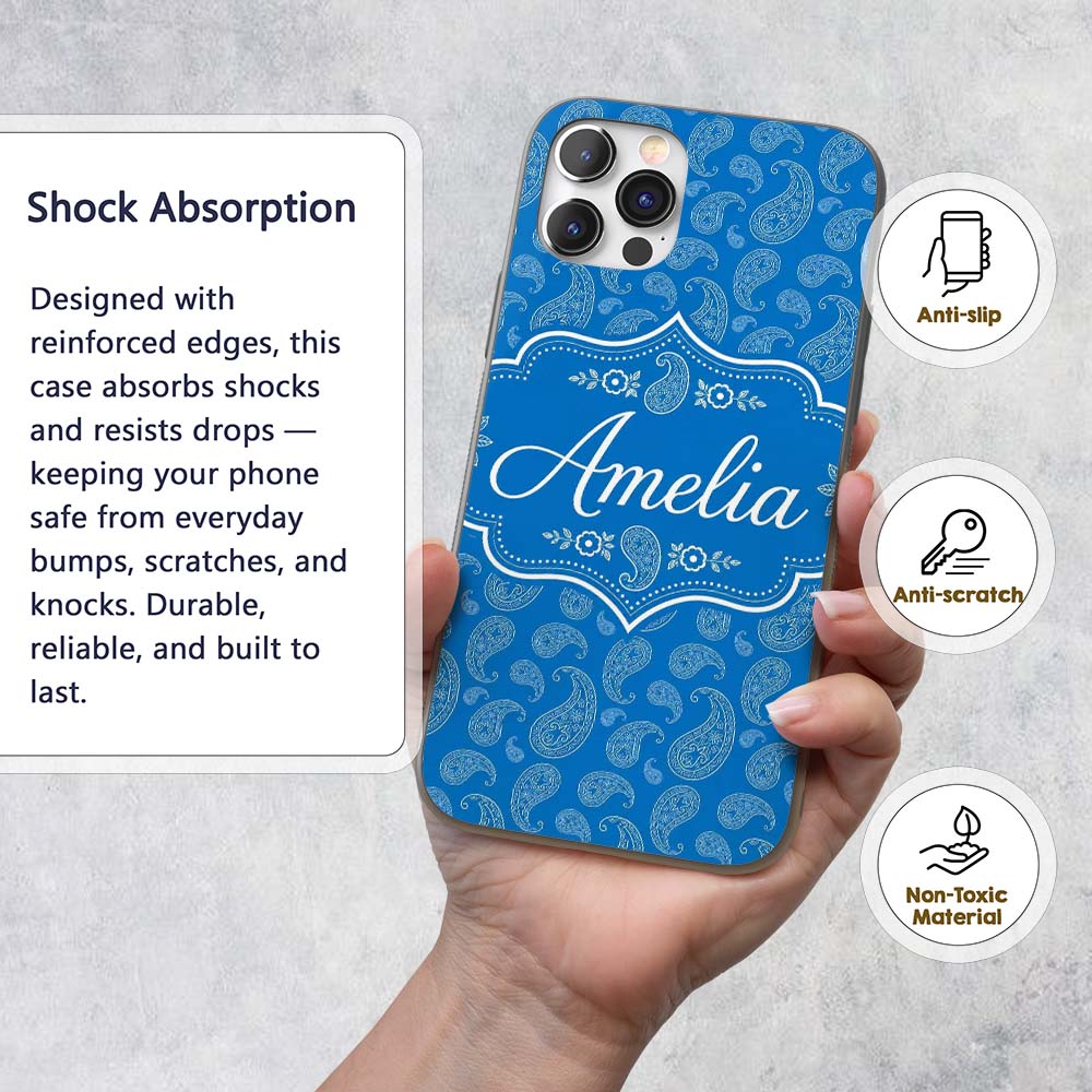 Rich Blue Paisley Vintage Bandana Printed Design Custom Name Protective Phone Case Mobile Cover Durable Everyday Smartphone Shock Resistant