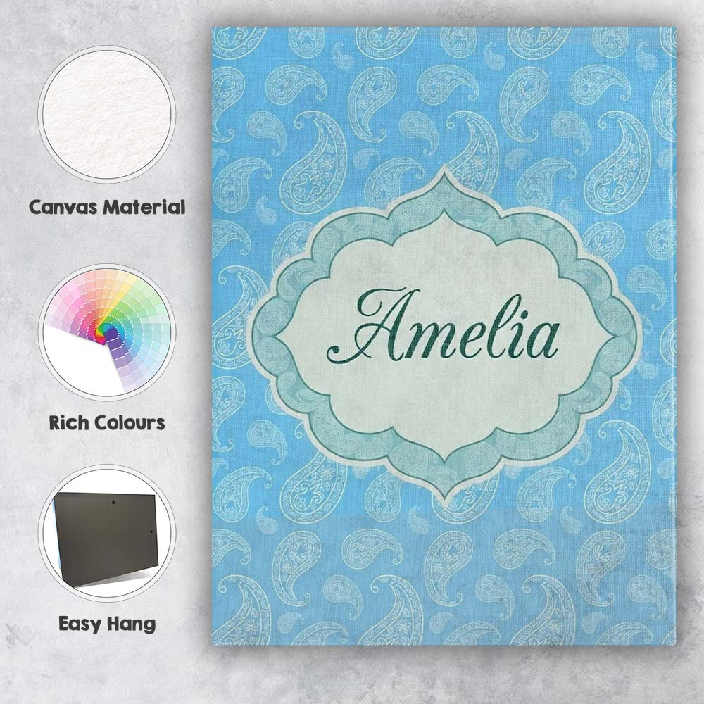 Personalised Name Soft Sky Blue Paisley Custom Modern Room Accent Elegant Feature Canvas Wall Art Print Decor Picture Ready to Hang