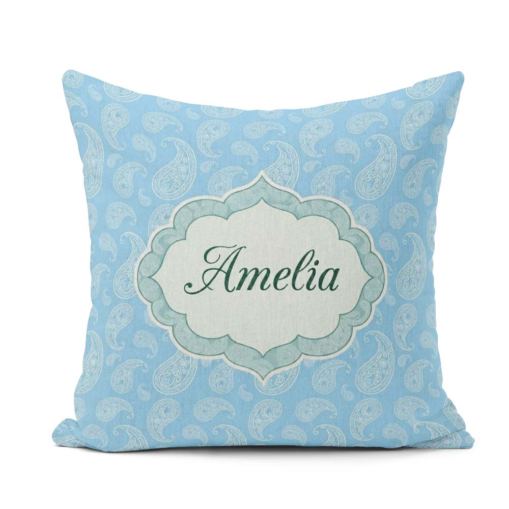 Custom Name Light Aqua Paisley Ornamental Bandana Pattern Design Square Filled Cushion Throw Pillow Sofa Bed Home Decor Zip Washable UK Made