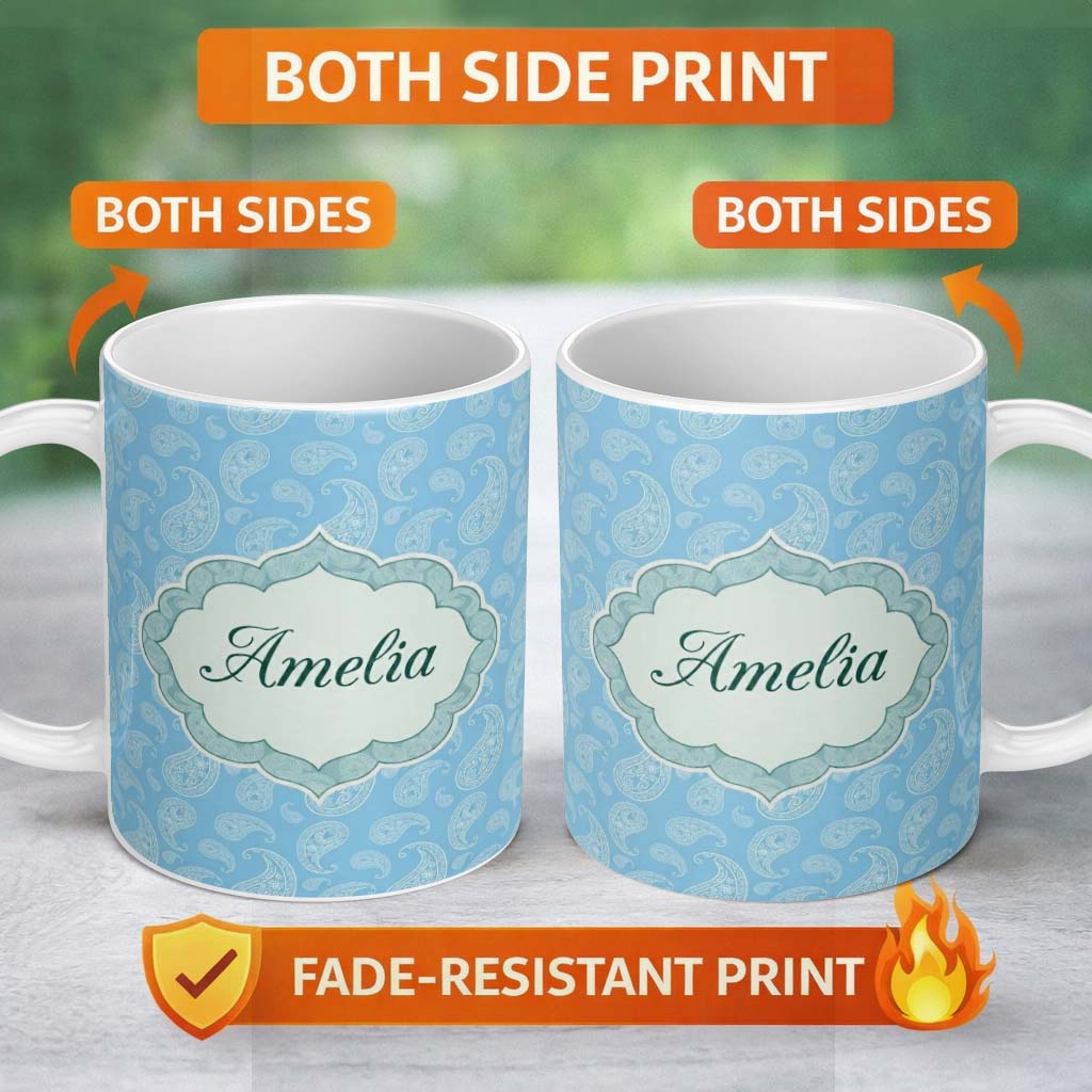 Personalized Custom Name Light Aqua Paisley Ornamental Bandana Seamless Pattern Design Name 11oz Ceramic Coffee Tea Mug White Large Handle