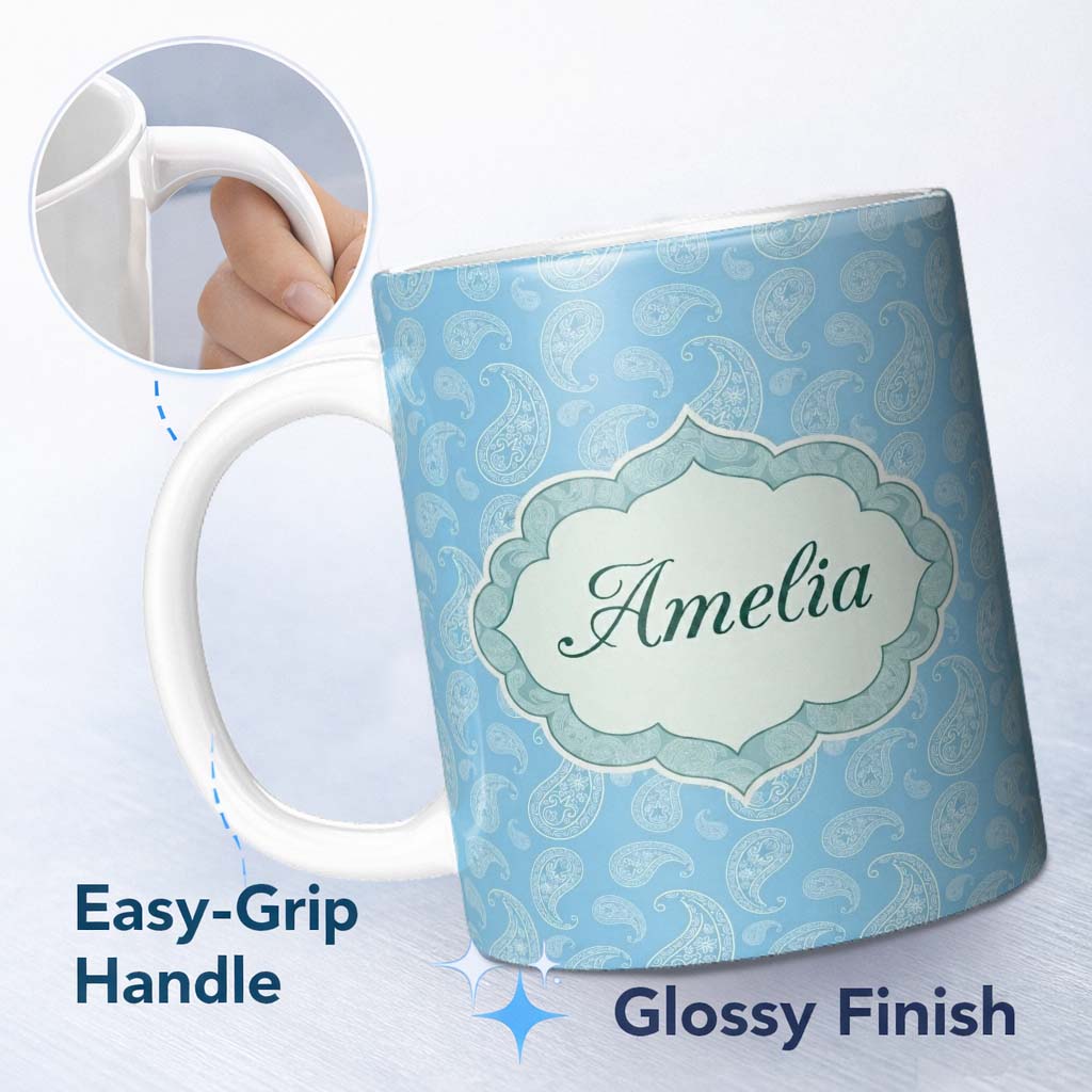 Personalized Custom Name Light Aqua Paisley Ornamental Bandana Seamless Pattern Design Name 11oz Ceramic Coffee Tea Mug White Large Handle