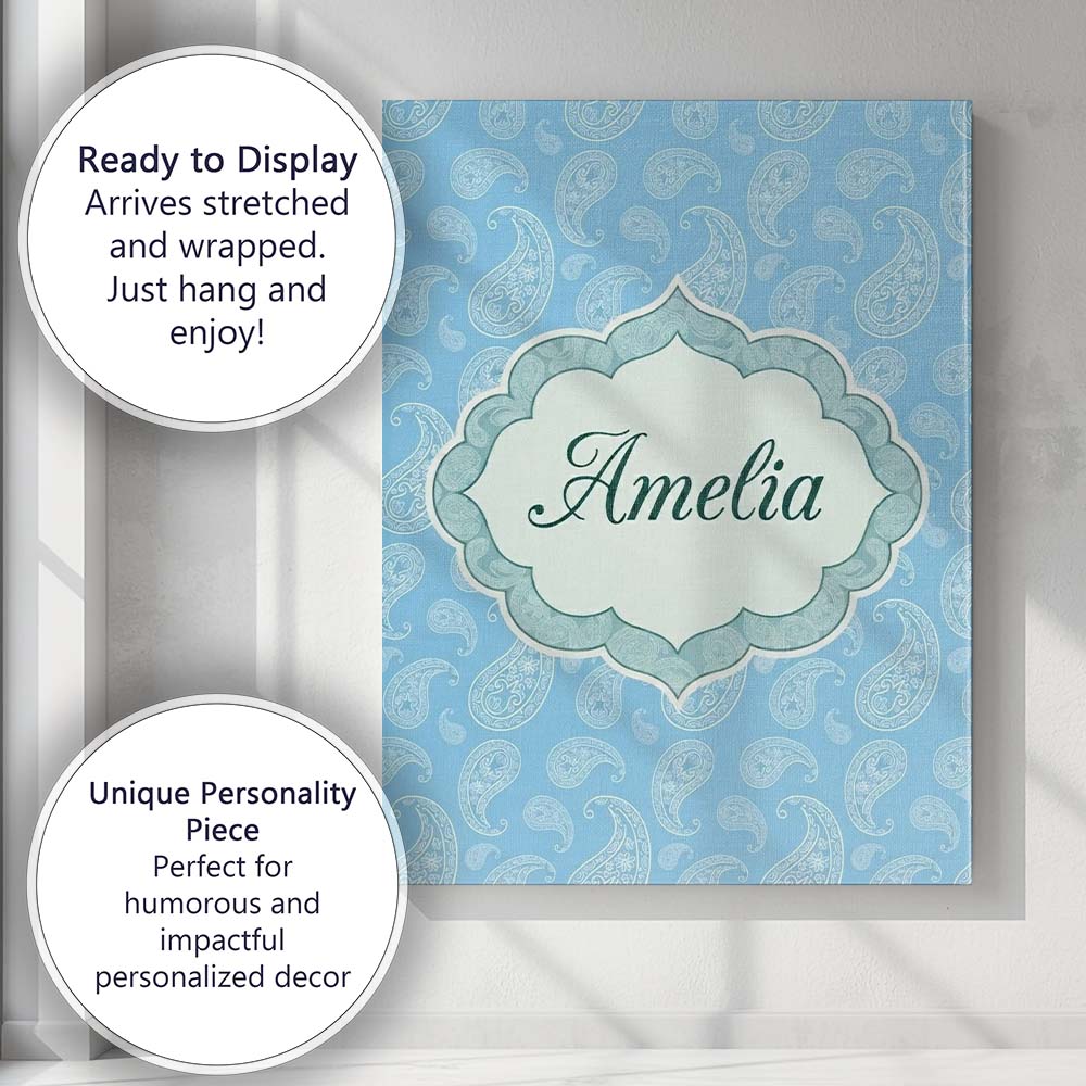 Personalised Name Light Aqua Paisley Custom Premium Decorative Design Modern Room Accent Canvas Wall Art Print Decor Picture Ready to Hang