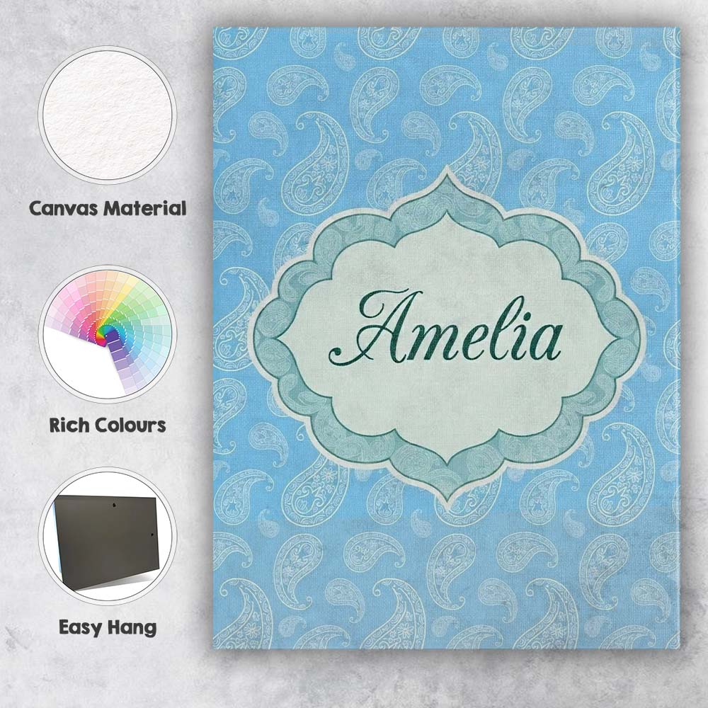 Personalised Name Light Aqua Paisley Custom Premium Decorative Design Modern Room Accent Canvas Wall Art Print Decor Picture Ready to Hang