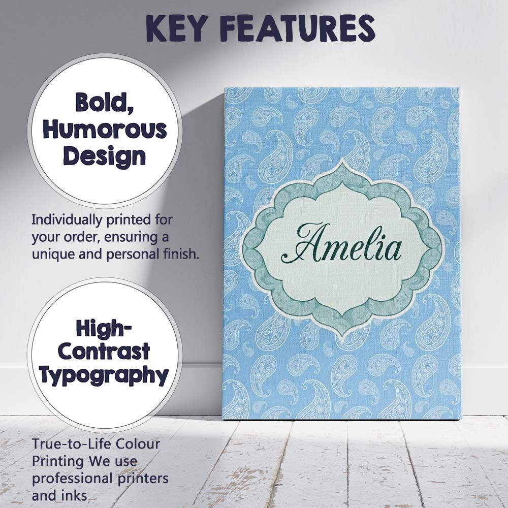 Personalised Name Muted Blue Paisley Custom Premium Decorative Design Modern Room Accent Canvas Wall Art Print Decor Picture Ready to Hang