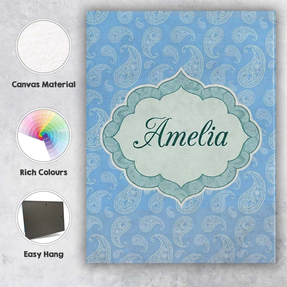 Personalised Name Muted Blue Paisley Custom Premium Decorative Design Modern Room Accent Canvas Wall Art Print Decor Picture Ready to Hang
